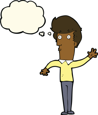 Bir insan tarafından çizilmiş düşünce baloncuğuyla el sallayan sinirli bir adam.