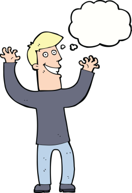 Bir insan tarafından çizilmiş düşünce baloncuğu ile heyecanlı bir adam.