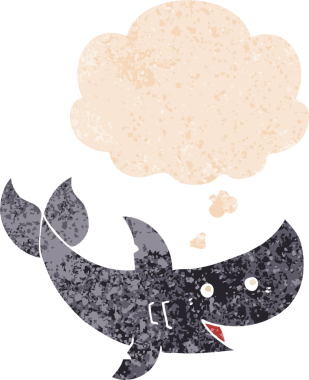 Düşünce baloncuğu ve grunge ile çizgi film köpekbalığı bir insan tarafından çizilmiş desenli sıkıntılı retro