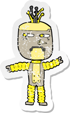 Bir insan tarafından çizilmiş sallanan robot çizgi filmin gerilimli yapıştırması.