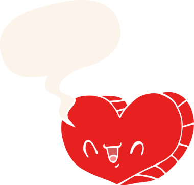 Bir insan tarafından çizilmiş eski tarz bir konuşma baloncuğu olan karikatür aşk kalbi.