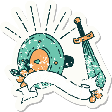 Dövme stili bir kalkanın eski bir çıkartması ve bir insan tarafından çizilmiş kılıç.