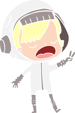 Düz renkli çizgi film astronotu bir insan tarafından çizilmiş barış işareti veriyor.