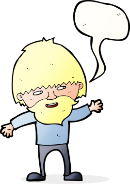 çizgi film mutlu sakallı adam bir insan tarafından çizilmiş konuşma balonuyla el sallıyor.