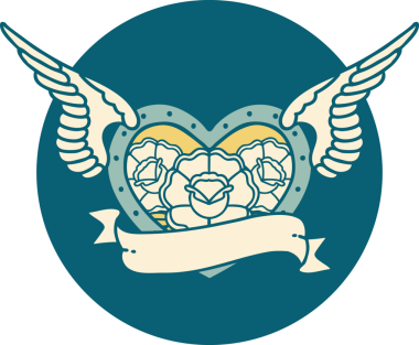 Bir insan tarafından çizilmiş çiçek ve bayrak ile uçan bir kalbin ikonik dövme görüntüsü