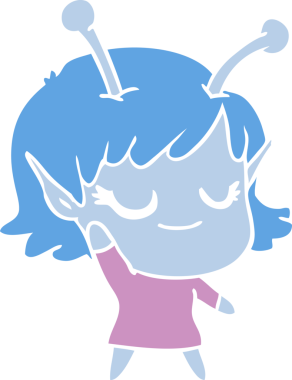 Gülümseyen uzaylı kız düz renkli çizgi film bir insan tarafından çizildi.