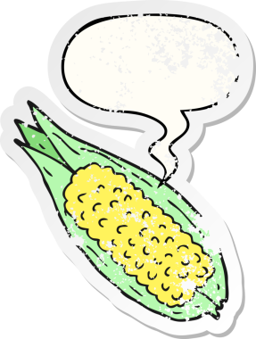 Konuşma baloncuğu olan karikatür mısırı bir insan tarafından çizilmiş sıkıntılı eski bir çıkartma