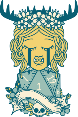 Retro Dövme Tarzı Ağlayan Ork Druid karakteri yüzü ve bir insan tarafından çizilmiş doğal bir D20 rulosu