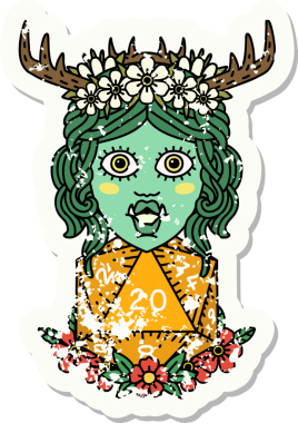 Bir insan tarafından çizilmiş 20 zarlı yarım ork Druid etiketi.