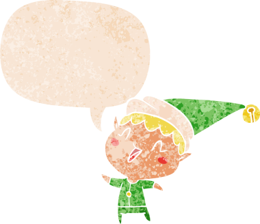 çizgi film mutlu noel elf 'i grunge dertli retro tarzı bir insan tarafından çizilmiş konuşma baloncuğu ile