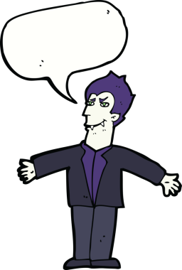 Bir insan tarafından çizilmiş konuşma balonuyla kollarını açmış vampir bir çizgi film karakteri.