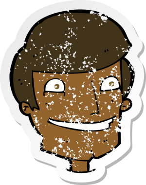 Bir insan tarafından çizilmiş sırıtan bir çizgi film karakterinin kederli retro yapıştırması.