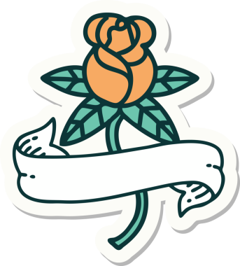 Bir insan tarafından çizilmiş gül ve pankartın geleneksel stiliyle dövme çıkartması.