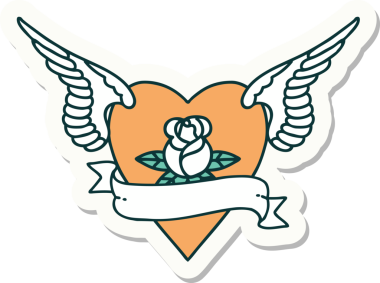 Geleneksel kalp tarzında bir dövme çıkartması. Kanatlarıyla bir insan tarafından çizilmiş bir gül ve bayrak.