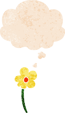 Düşünce baloncuğu ve grunge desenli karikatür çiçeği bir insan tarafından çizilmiş.