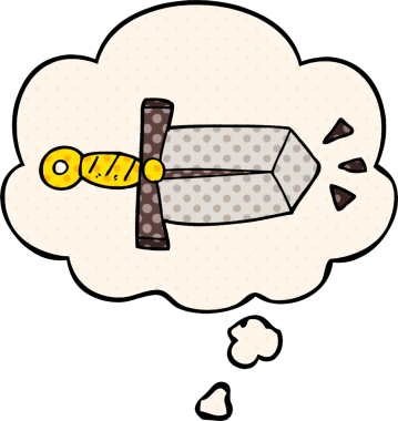 Bir insan tarafından çizilmiş, düşünce baloncuklu çizgi film kılıcı.