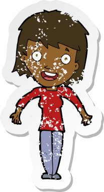 Bir insan tarafından çizilmiş omuzlarını silken karikatürlü bir kadının gerilmiş çıkartması.