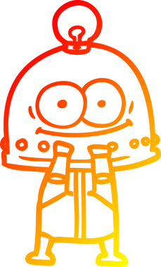 Bir insan tarafından çizilmiş ampullü mutlu bir robot çizimi.