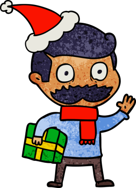 El çizimi, bıyıklı ve noel hediyeli bir adamın Noel Baba şapkası giymiş bir insan tarafından çizilmiş bir karikatürü.