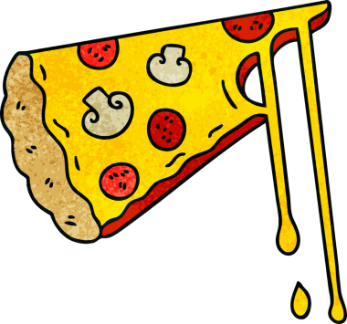 Bir insan tarafından çizilmiş tuhaf bir çizgi film peynirli pizza.