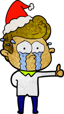 Bir insan tarafından çizilmiş, ağlayan, Noel Baba şapkası takan bir adamın el yapımı karikatürü.