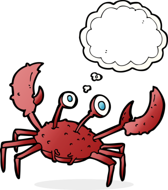 Bir insan tarafından çizilmiş düşünce baloncuklu yengeç.