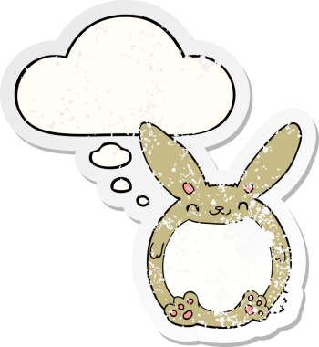 Düşünce baloncuğu olan çizgi film tavşanı insan tarafından çizilmiş yıpranmış bir çıkartma.