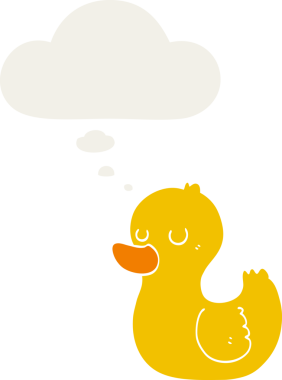 Düşünce baloncuğu olan çizgi film ördeği insan tarafından çizilmiş.