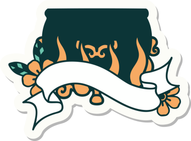 Bir insan tarafından çizilmiş yanan bir kazanın pankartına sahip dövme stili çıkartması