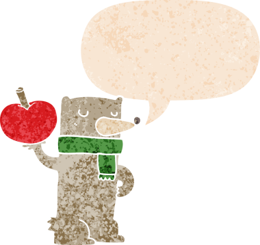 Elmalı çizgi film ayısı ve konuşma balonu bir insan tarafından çizilmiş grunge sıkıntılı retro tarzı