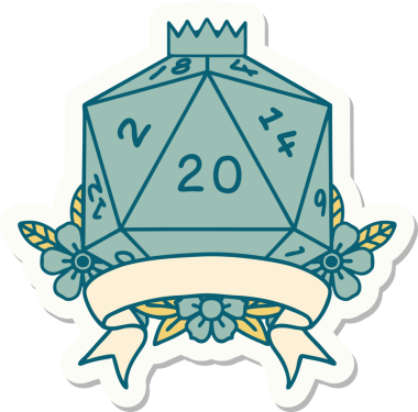 Bir insan tarafından çizilmiş 20 kritik vuruşluk D20 zar etiketi.