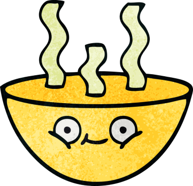 Bir insan tarafından çizilmiş sıcak çorba kasesinin retro grunge desenli karikatürü.