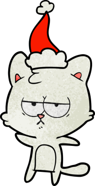 Bir insan tarafından çizilmiş Noel Baba şapkası takan bir kedinin çizilmiş el resmi.