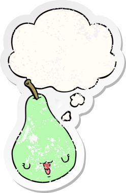 Düşünce baloncuğu olan çizgi film armudu bir insan tarafından çizilmiş yıpranmış bir çıkartma gibi.