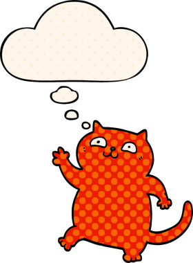 Çizgi roman tarzında düşünce baloncuğu olan çizgi film kedisi insan tarafından çizilmiş.