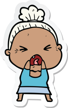 Bir insan tarafından çizilmiş kızgın yaşlı bir kadının çıkartması.