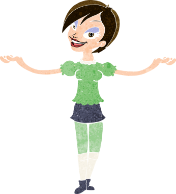 Çizgi filmdeki kadın bir insan tarafından çizilmiş açık kollu jest yapıyor.