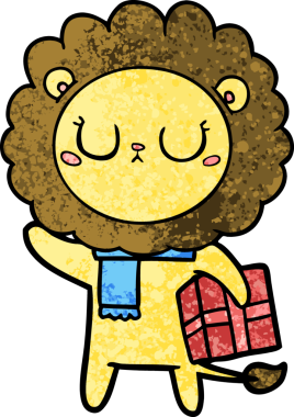 Bir insan tarafından çizilmiş noel hediyeli çizgi film aslanı.