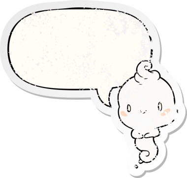 Konuşma baloncuğu olan sevimli bir çizgi film hayaleti bir insan tarafından çizilmiş sıkıntılı eski bir çıkartma.