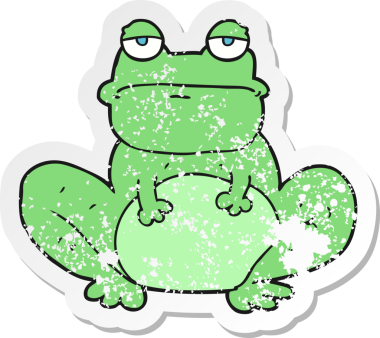 Bir insan tarafından çizilmiş karikatür kurbağasının gerilemiş çıkartması.