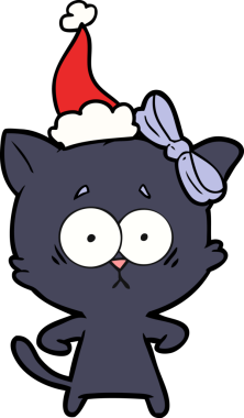Bir insan tarafından çizilmiş Noel Baba şapkası takan bir kedinin çizimi.