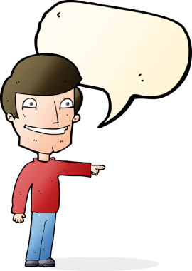 Bir insan tarafından çizilmiş konuşma balonuyla işaret eden mutlu adam çizgi filmi.