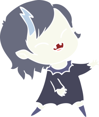 Bir insan tarafından çizilmiş düz renkli çizgi film gülen vampir kız.