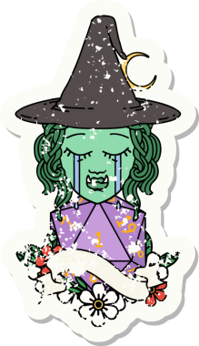 Ağlayan bir ork cadısının grunge çıkartması ve bir insan tarafından çizilmiş doğal bir D20 rulosu.