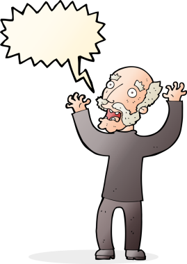 Karikatür, bir insan tarafından çizilmiş konuşma balonlu yaşlı adamı dehşete düşürdü.