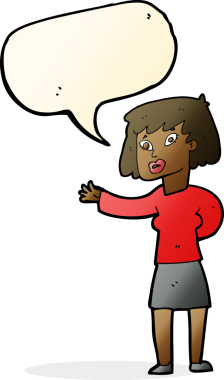 Bir insan tarafından çizilen konuşma baloncuğuyla açıklayan çizgi film kadını.