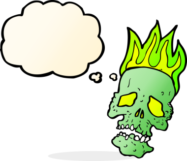 Bir insan tarafından çizilmiş düşünce baloncuklu bir kafatası.