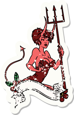 Geleneksel bir stil ile sıkıntılı bir etiket dövmesi. Bir insan tarafından çizilmiş afişi olan şeytan bir kız.