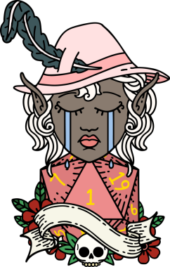 Retro Dövme Tarzı Ağlayan Elf karakter yüzü Bir insan tarafından çizilen d20 zar ile