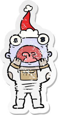 Bir insan tarafından çizilmiş Noel Baba şapkasıyla şaşırarak nefes nefese kalmış bir uzaylının el yazısı.